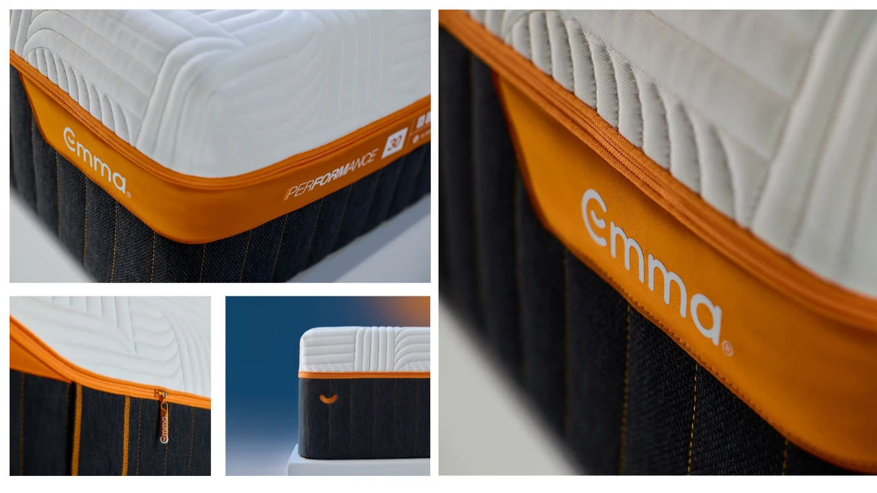 Four close-up views of the Emma mattress cover, orange trim and zip