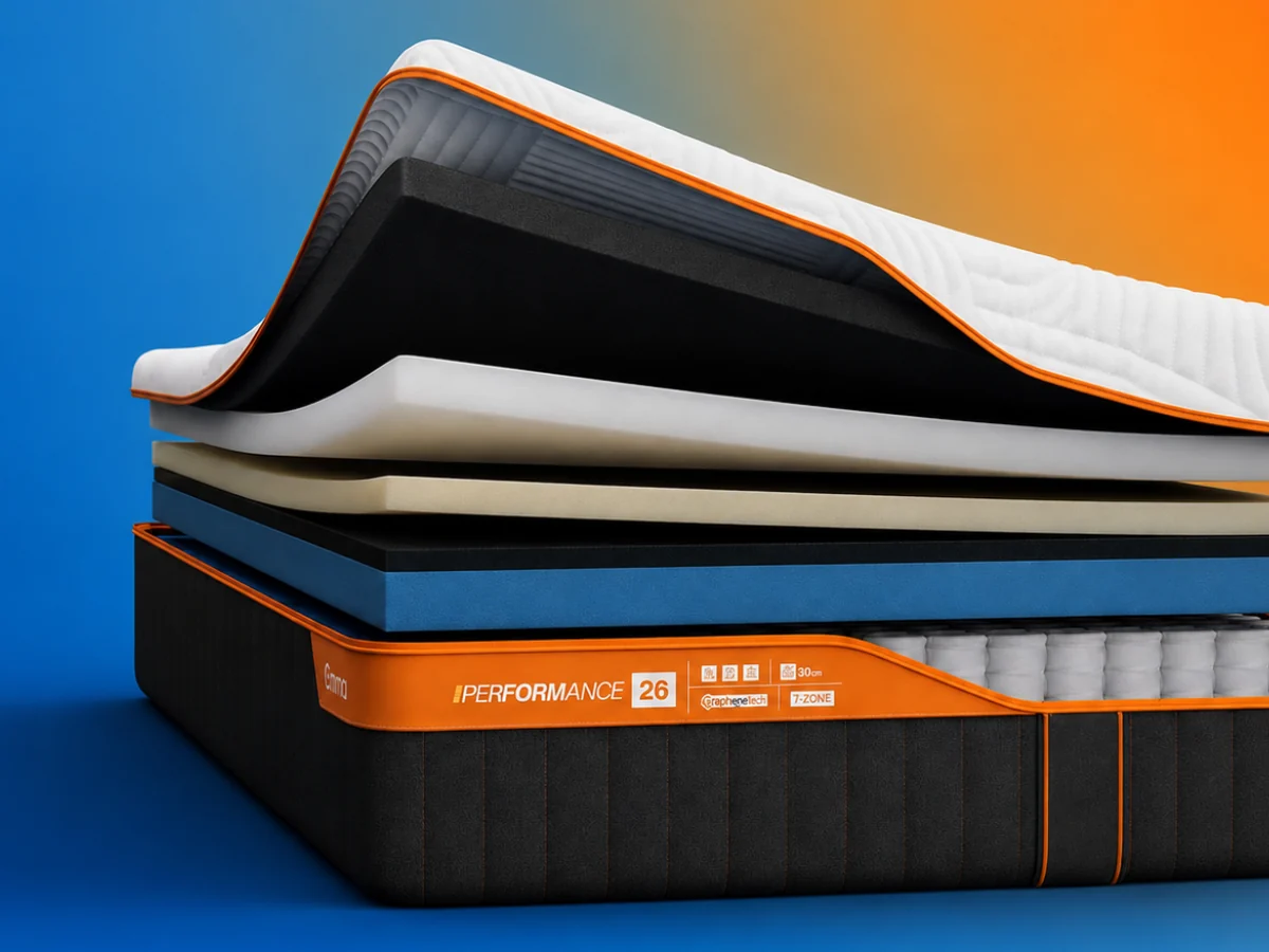 Emma Performance mattress with its foam layers lifted above the pocket-spring base