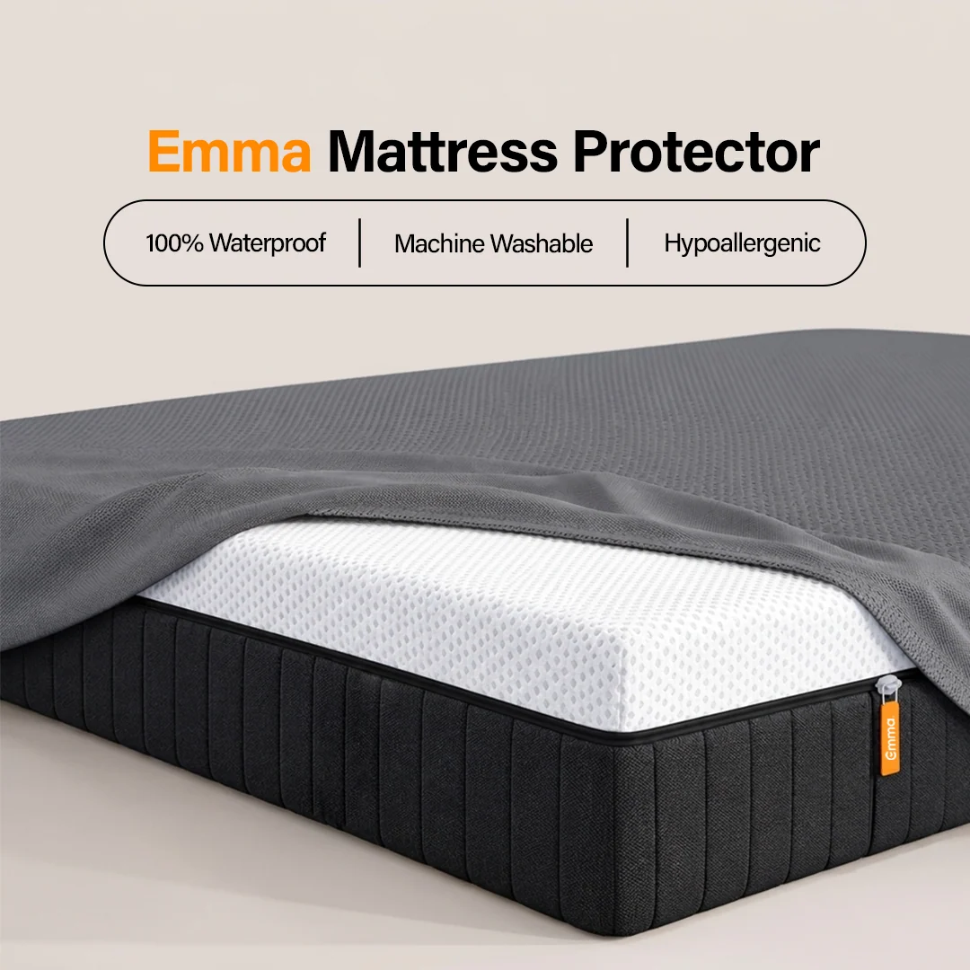 Emma Mattress Protector reference showing waterproof, machine-washable and hypoallergenic features
